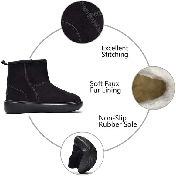 New Womens Winter Fur Lined Suede Ankle Snow Boots Black​ - Picture 2 of 7